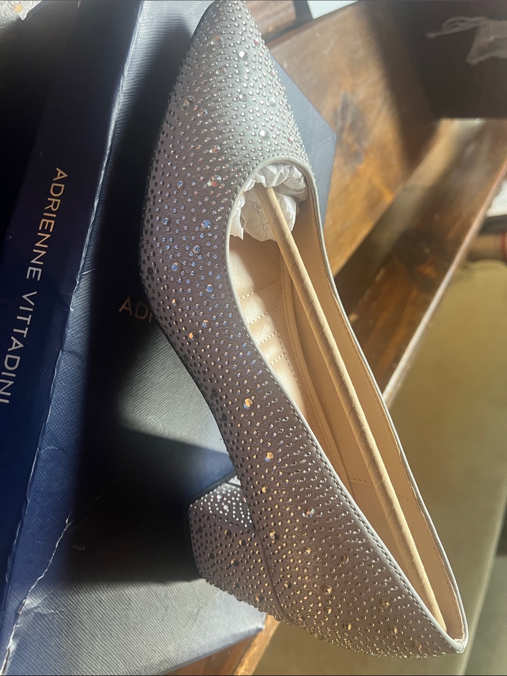 Adrienne Vittadini Silver Crystal Embellished Low Block Heel Pump